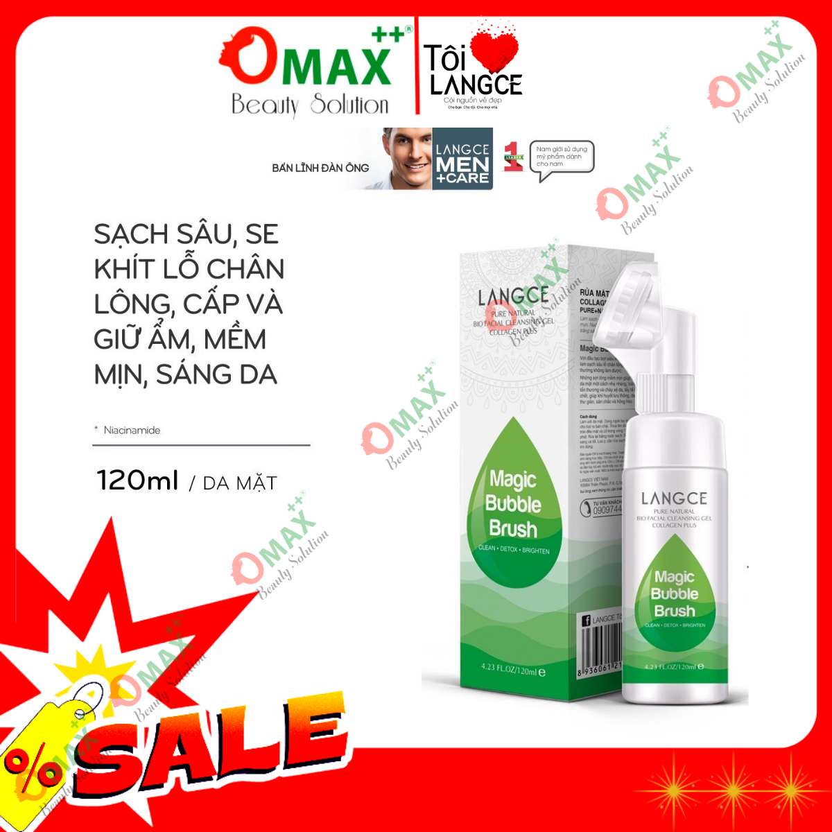 Cọ rửa mặt collagen cọ massage trắng da 120ml hộp xanh tặng tẩy tế bào chết da mặt trà xanh 100ml langce cho nam