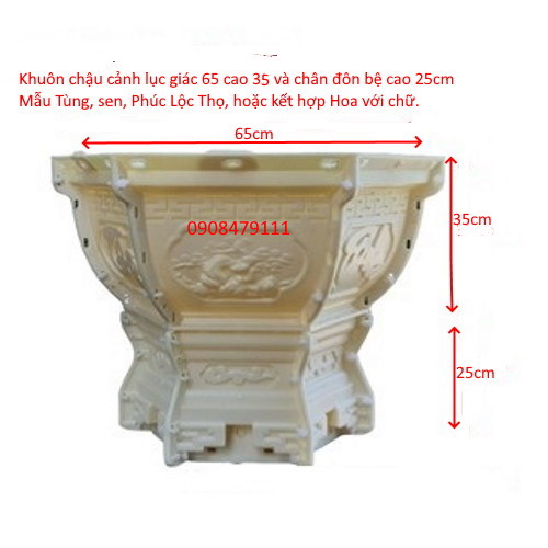 Khuôn đúc chậu cảnh ABS lục giác 65 và chân đôn bệ, mẫu tùng, sen, phúc lộc thọ, cá chép tài lộc