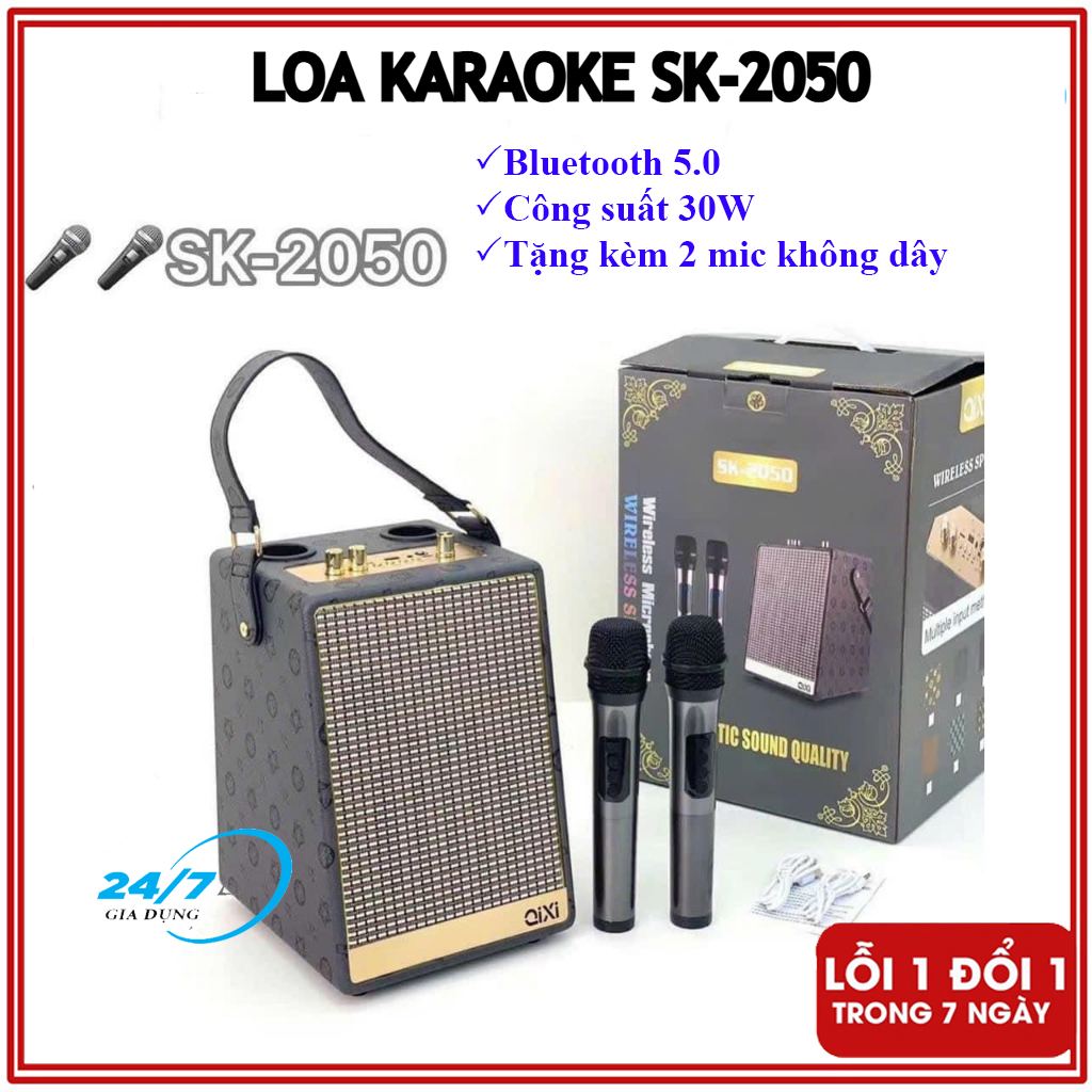 Loa Bluetooth Karaoke Qixi SK-2050 Tặng Kèm 2 Micro Không Dây, Loa hát karaoke dành cho gia đình, Loa Bluetooth Karaoke Thiết Kế Sang Trọng, Bass Siêu Trầm, Âm Thanh Cực Đỉnh, Kết Nối Bluetooth 5.0, Hỗ Trợ USB, Thẻ Nhớ, Bảo Hành 12 Tháng