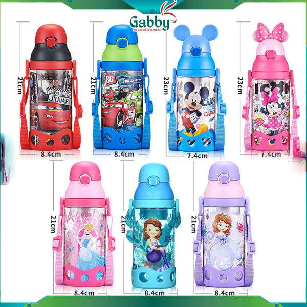 Bình nước dây đeo 530ml 570ml (hình captain/ spider man /mickey/ minnie/ mcqueen/ elsa/ sofia/ ariel