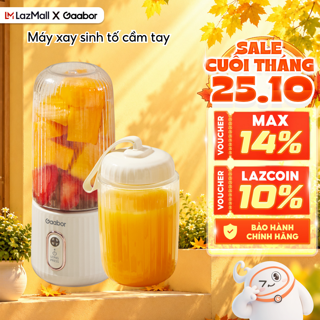 Nâng cấp - Cốc xay sinh tố cầm tay mini Gaabor FP03T-WH01A 350ml công suất 30W ly máy xay nhỏ gọn tiện lợi tích điện cổng sạc USB kèm 2 cốc tiện lợi - Bảo hành 1 đổi 1