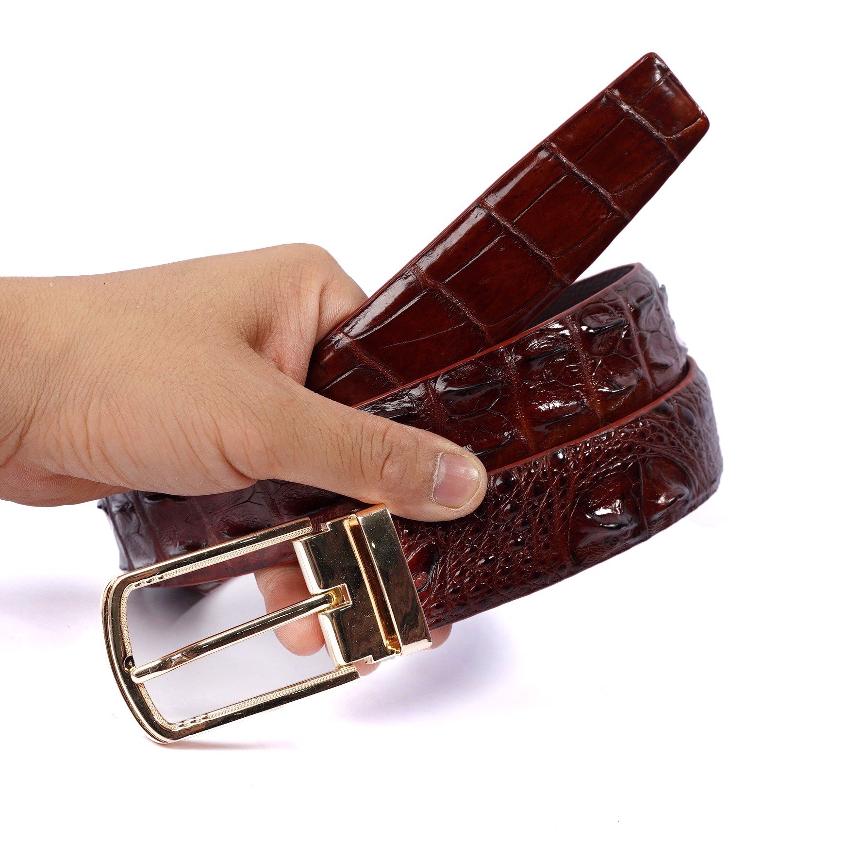 Dây nịt nam - Thắt lưng da cá sấu thật Konavis cao cấp bản to liền 4.0Cm màu nâu làm từ vân gai lưng cá sấu