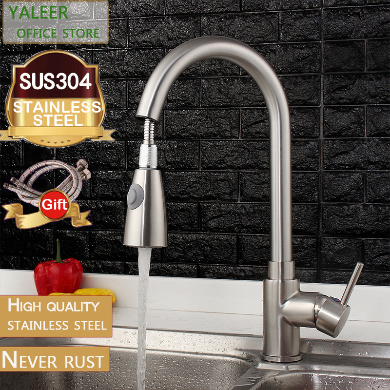 YALEER Vòi Nước Nhà Bếp Một Tầng, Vòi Bếp Kéo Ra Bằng Niken Chải Vòi Bồn Rửa Nhà Bếp Inox 304 Với Vòi Phun Trộn Kéo Xuống