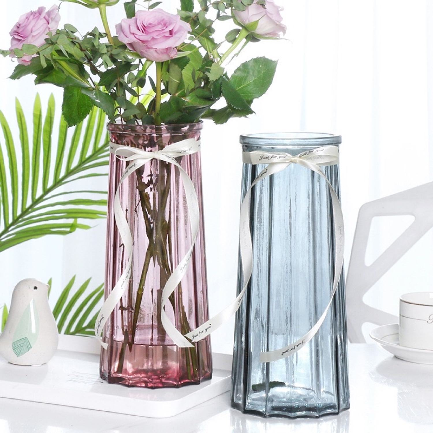 Lọ hoa thuỷ tinh vân sọc dọc dáng cao, decor, trang trí nhà cửa