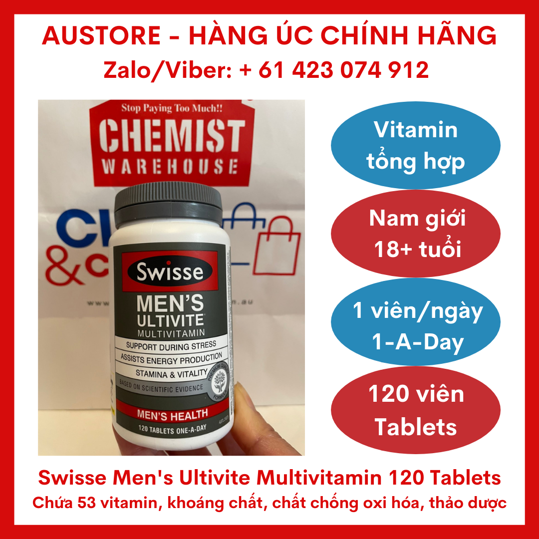 [Bill Úc] Swisse Men's Ultivite Multivitamin 120 Tablets - Vitamin tổng hợp cho nam Swisse 1 viên/ngày giúp giảm stress, tăng cường năng lượng, sức chịu đựng & sức sống