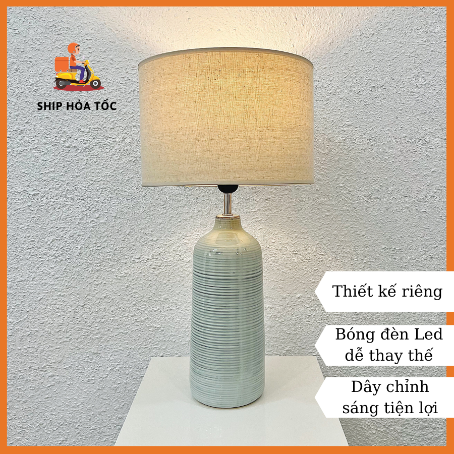 Đèn ngủ để bàn đèn gốm sứ màu xanh ngọc vân cổ điển cao 58 cm DS-TL9866