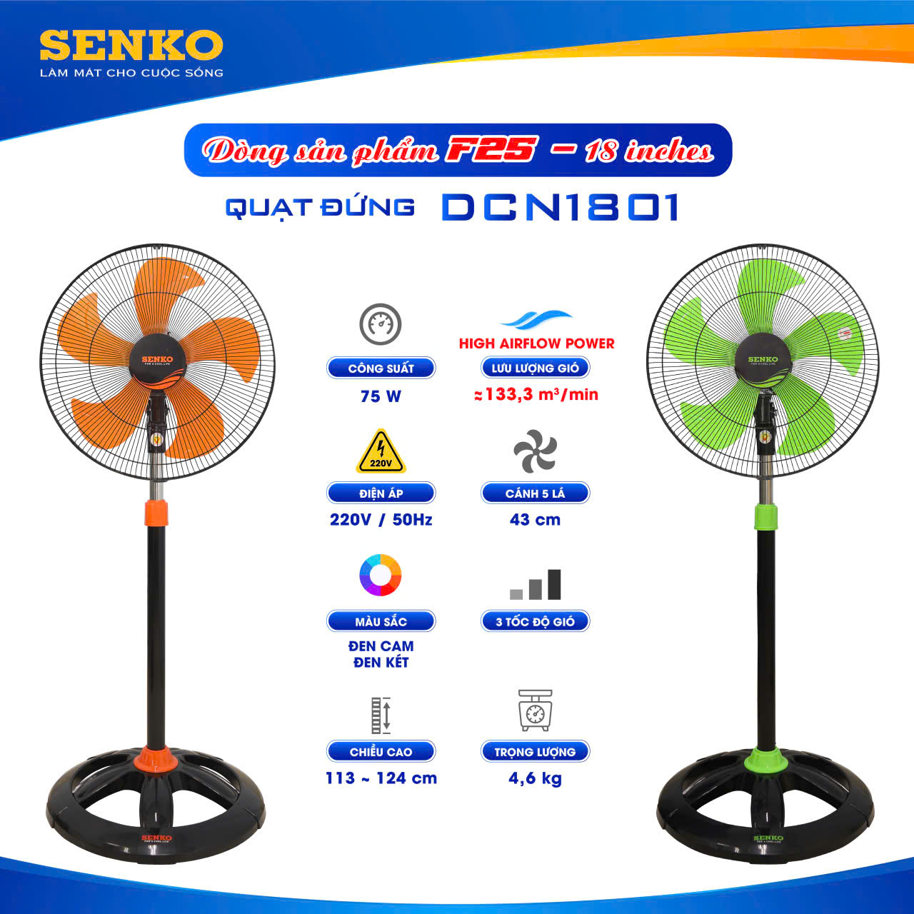 Quạt đứng b5 5 cánh cam 75w senko - điện việt
