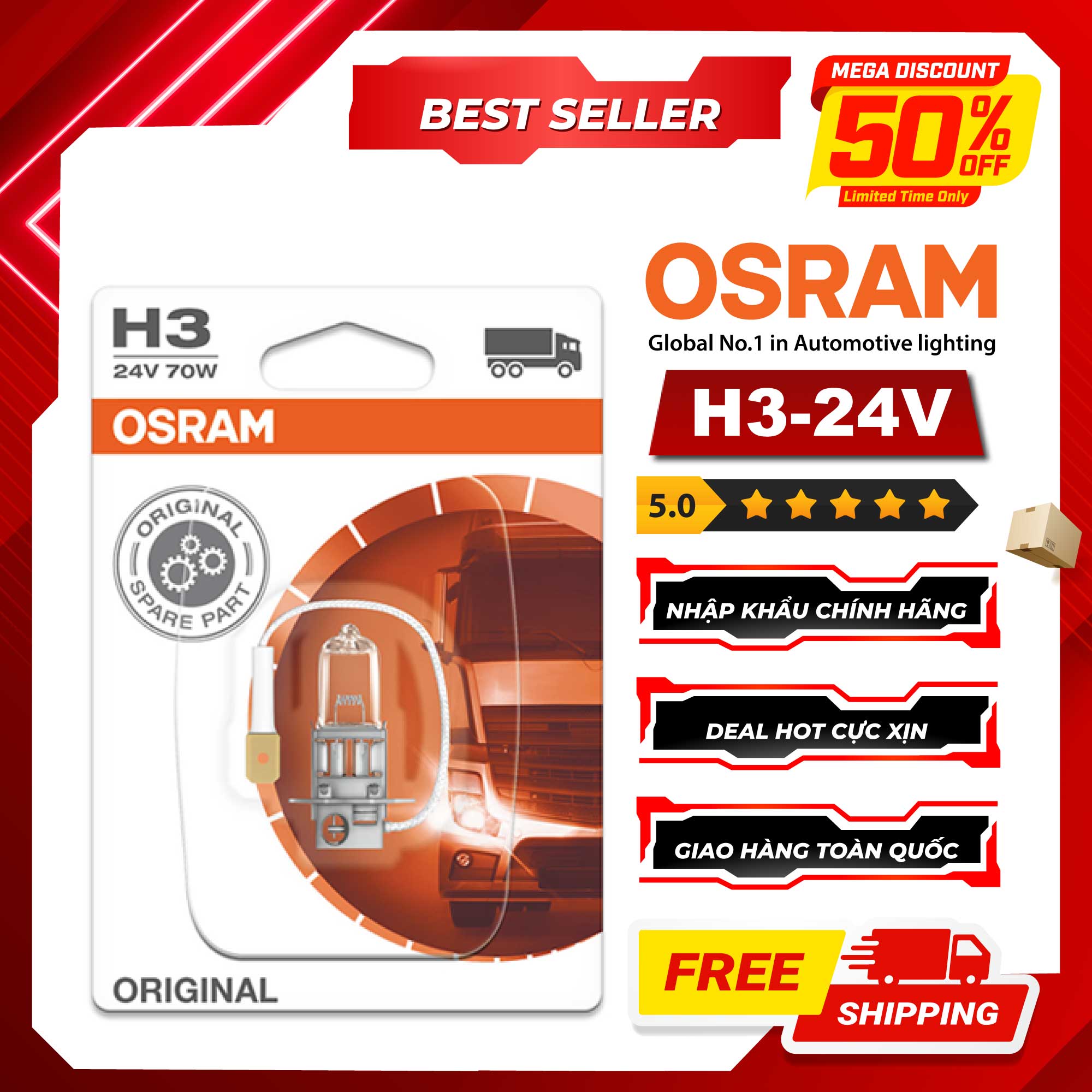 Bóng đèn halogen osram original h3 24v 70w - nhập khẩu chính hãng