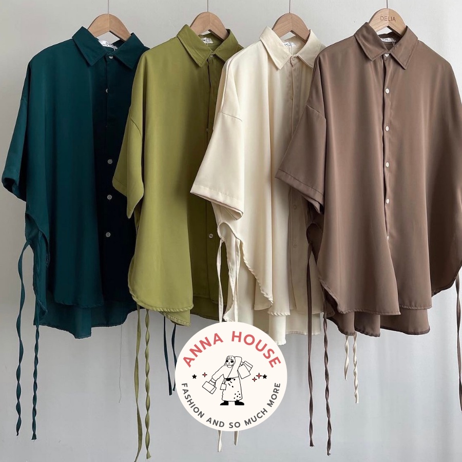 Áo sơ mi nữ tay ngắn dáng rộng màu trơn buộc nơ 2 bên hông vạt bầu, Áo sơ mi nữ cộc tay buộc nơ eo form rộng đuôi tôm