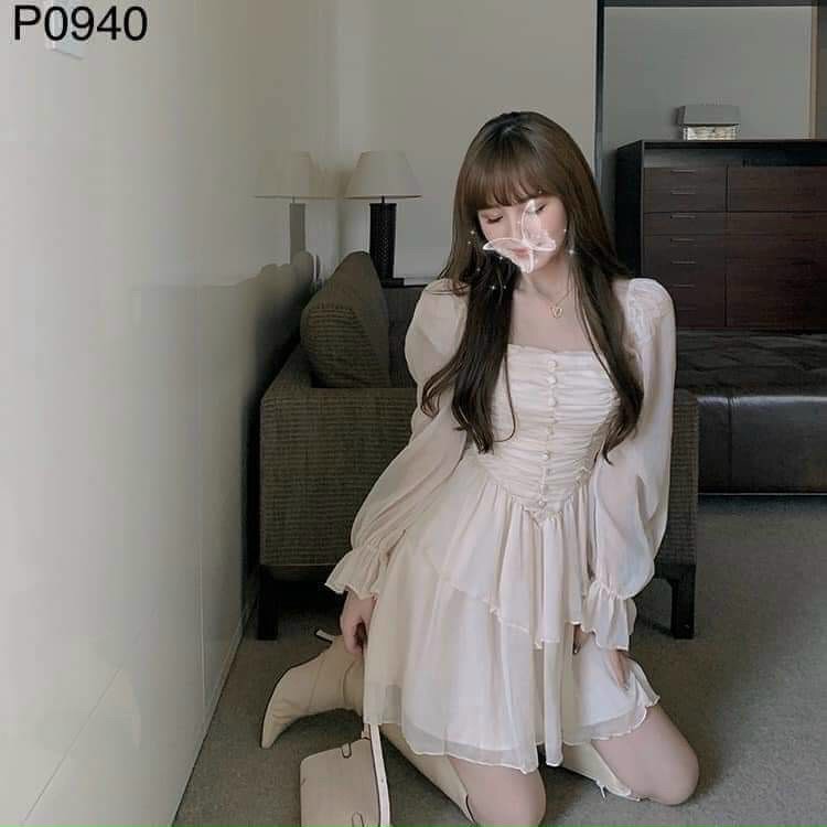 Đầm voan xếp tầng tay dài phối bo nhún ngục kèm cúc cực xinh TTSA1023