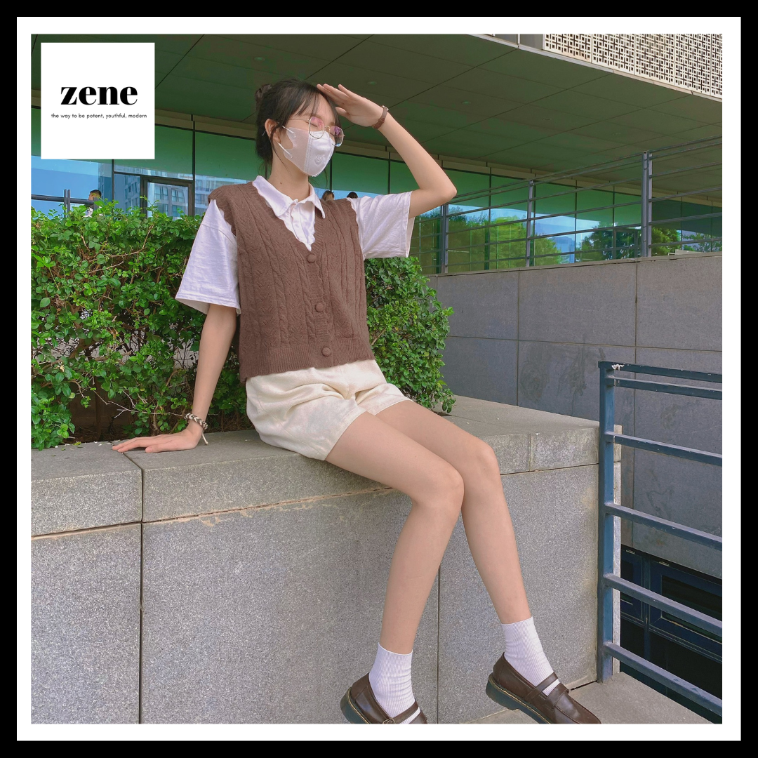 Áo gile len nữ croptop cổ v cài cúc viền sóng, áo len không tay dệt kim mềm mịn- zene