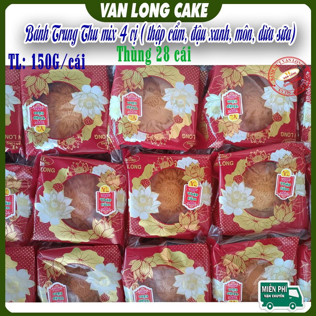 Thùng bánh trung thu Vạn long mix 4 vị ( thập cẩm + đậu xanh + dừa sữa+ môn ) 150g/cái (28 cái)