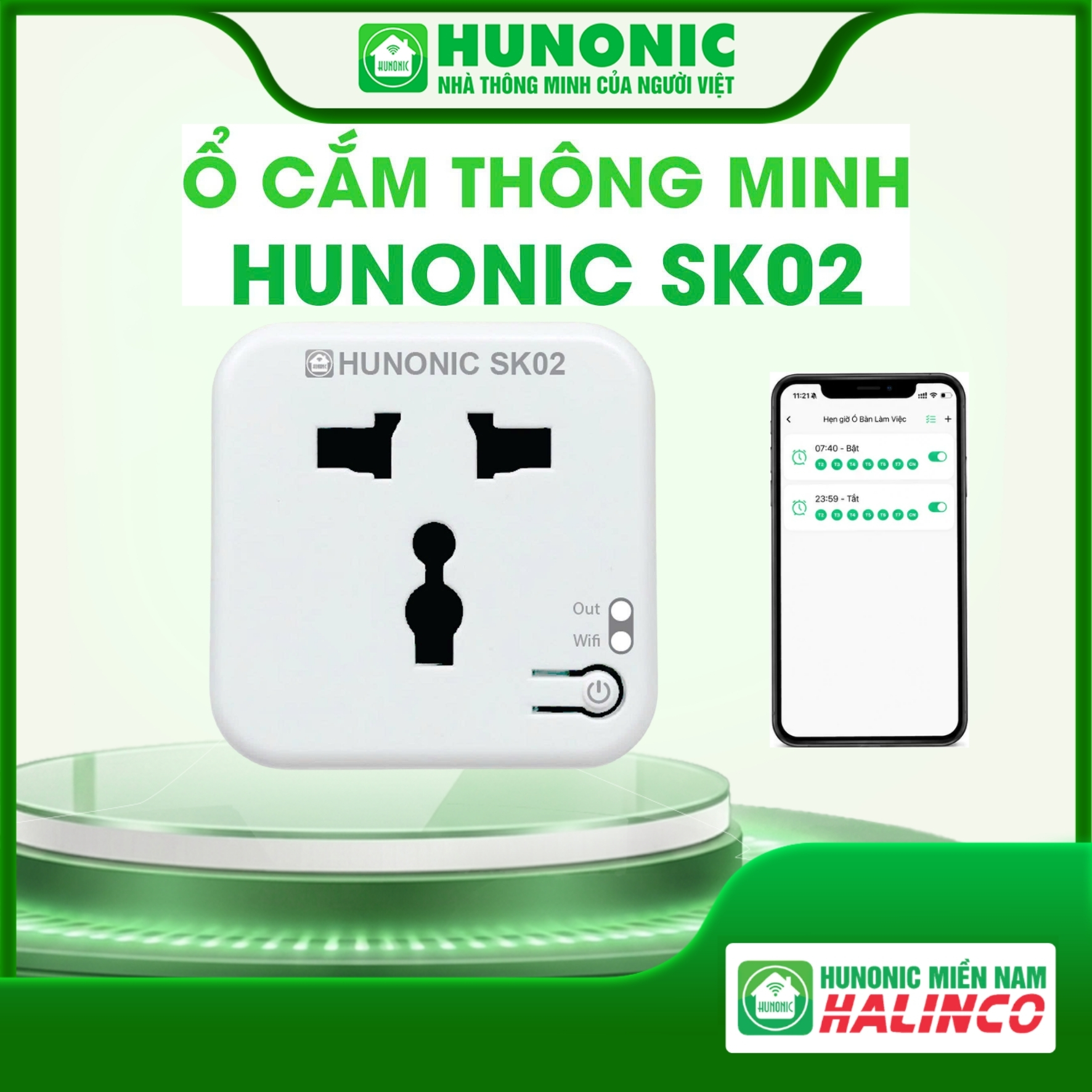 Ổ cắm điện wifi thông minh Hunonic SK02 điều khiển từ xa bằng điện thoại, hẹn giờ tự động, điều khiển qua giọng nói, công suất lớn 3000W