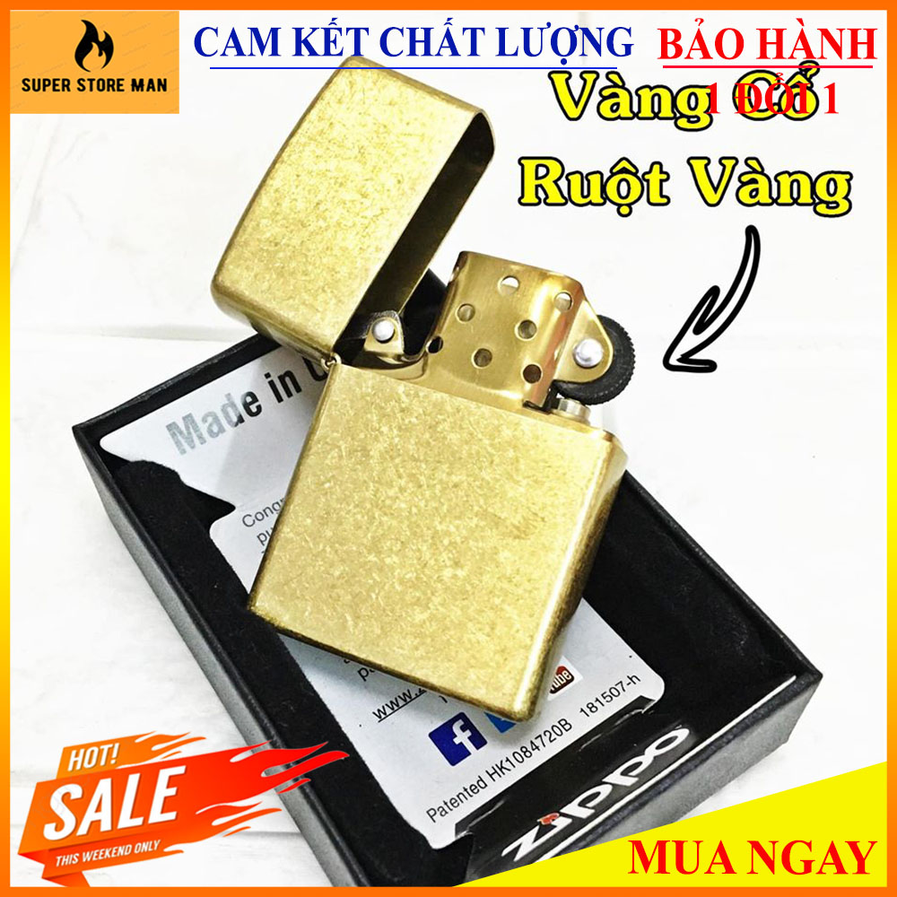 Bật lửa, hộp quẹt zippo mỹ vàng cổ cao cấp – made in usa có tem đỏ - mẫu vàng cổ ruột vàng – vỏ khắc mộc đáy – vỏ ruột trùng khớp