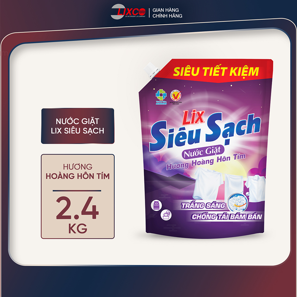Nước giặt Lix siêu sạch túi 2.4kg làm sạch cực nhanh vết bẩn, tăng gấp đôi sức mạnh giật tẩy