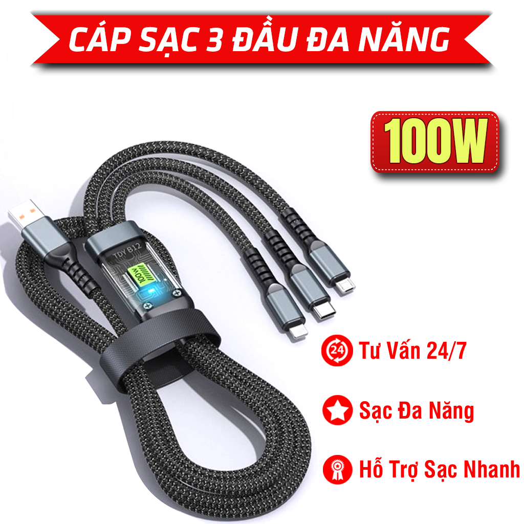 Dây Sạc Tự Ngắt - Dây Cáp Sạc Dữ Liệu Sạc Nhanh 100W Micro USB Type C 3 Trong 1 6A