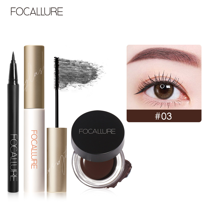 FOCALLURE Bộ 3 món mỹ phẩm gồm Bút kẻ mắt + Mascara + Gel kẻ chân mày giữ màu tốt lâu trôi - INTL