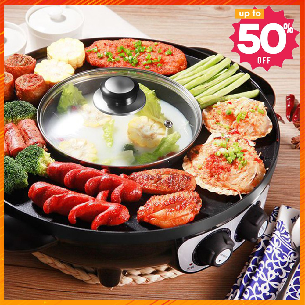 Bếp Nồi Lẩu Nướng Điện Đa Năng 2 In 1, Bếp Nướng Điện Kèm Lẩu Hàn Quốc, Chất Liệu Hợp Kim Cao Cấp, chống dính siêu bền, chống mài mòn, tiết kiệm điện, An Toàn, Dễ Dàng Lau Chùi,Bếp lẩu nướng điện đa năng