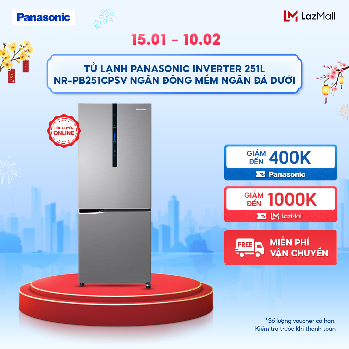  Tủ lạnh Panasonic Inverter 251 lít NR-PB251CPSV Ngăn đông mềm Ngăn đá dưới 