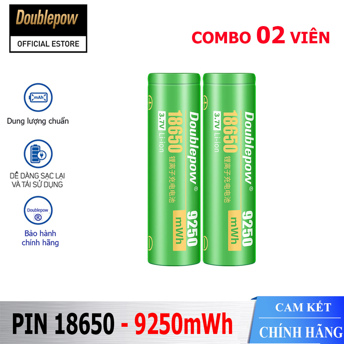 [Hộp 02 viên bằng] Pin sạc Lithium 18650 - 9250mWh đầu bằng Doublepow, pin dung lượng thực