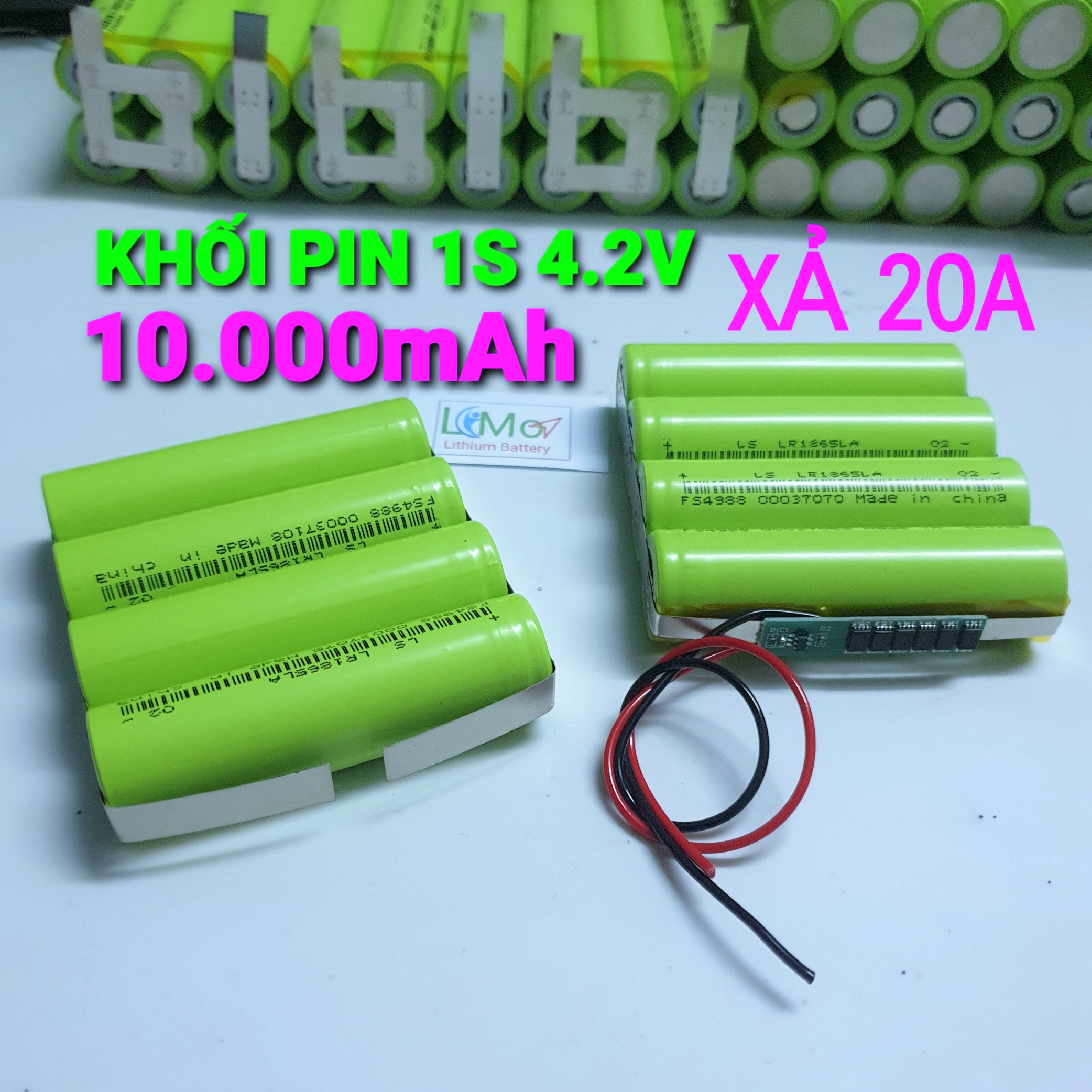 Khối pin 1s 3.7v - 4.2v 4 cell 18650 10.000mah - xả 20a. pin mới, dòng xả cao có mạch bảo vệ 1s 20a siêu khỏe - limo