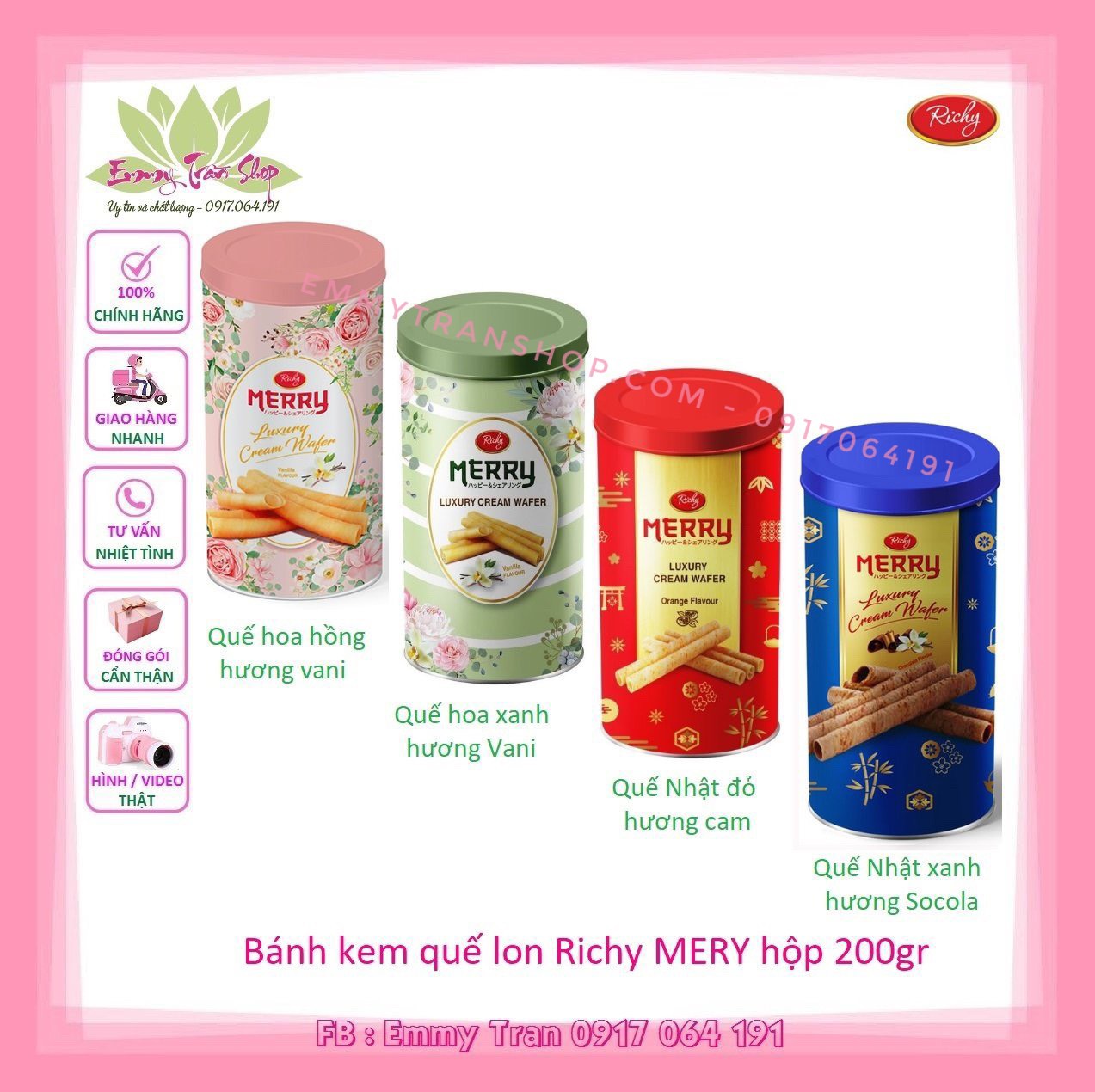 Bánh quế nhân kem Richy MERRY Lon 200gr , có 4 loại lựa chọn - Emmytran Shop