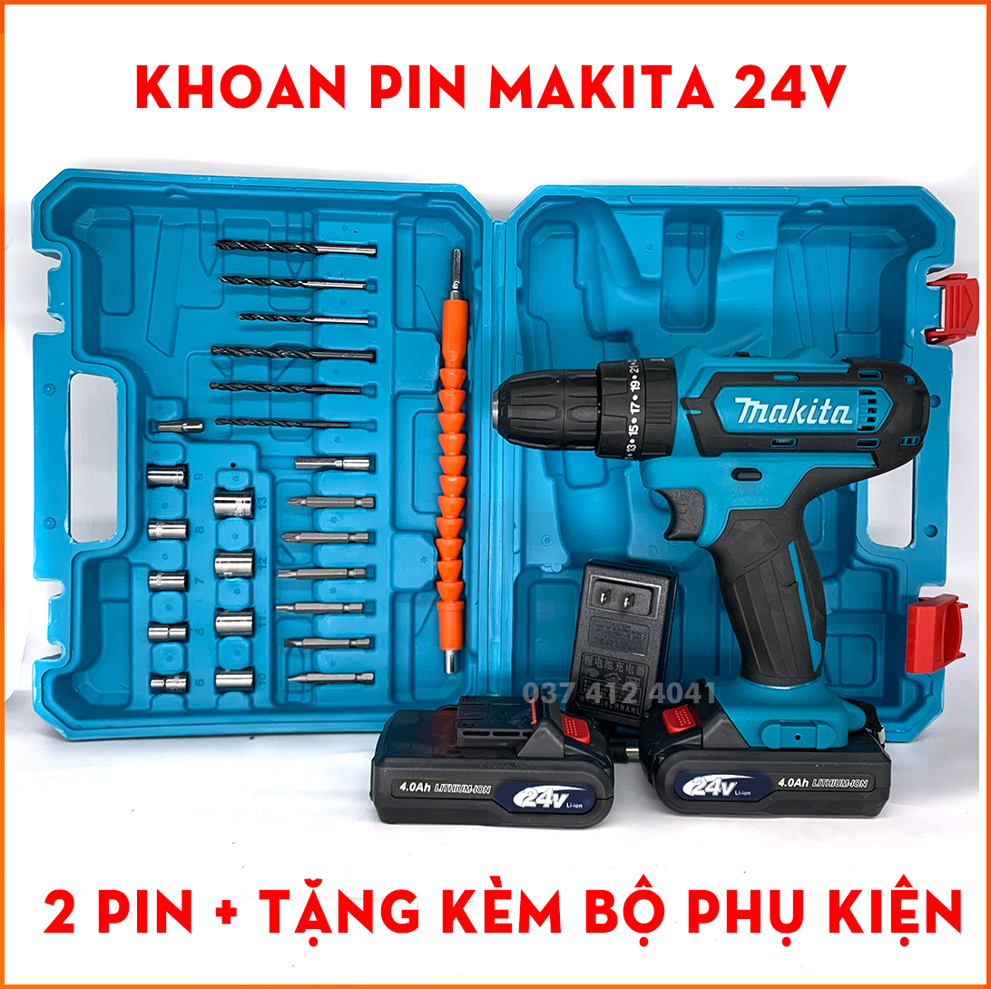 [FULL BOX 2 pin + Bộ phụ kiện 24 chi tiết] Máy Khoan MAKITA 24V Lõi Đồng 2 Pin - Có Búa Khoan tường