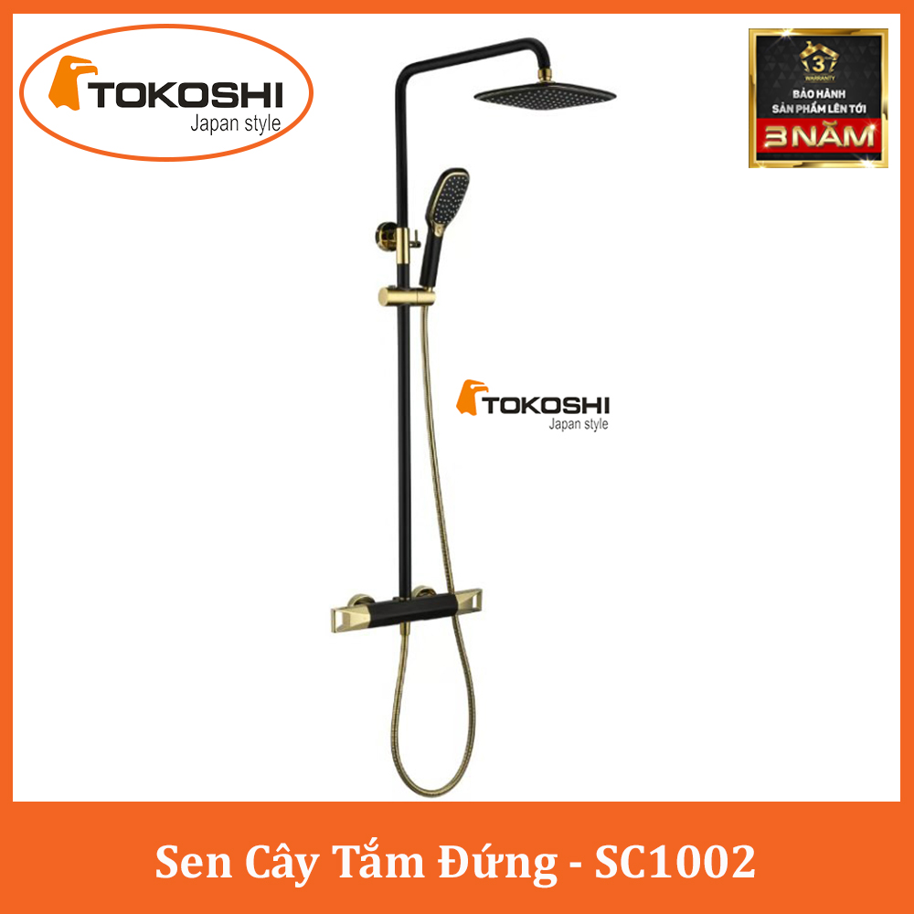 Bộ Sen Cây Tắm Đứng Nóng Lạnh Đồng Thau Cao Cấp Sơn Tĩnh Điện - Bộ Sen Vòi Tắm TOKOSHI Đen Vàng SC1002 -Bảo Hành 3 Năm
