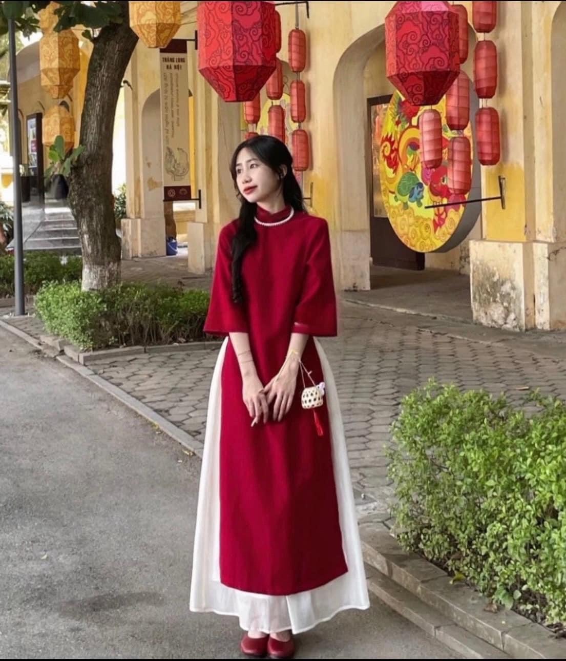 Set áo dài cách tân nữ S.174, Set áo dài cách tân cổ tàu tay lỡ kèm váy dáng xòe dịu dàng tiểu thư -