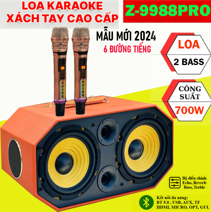 Loa Xách Tay KaraokeJBL Z9988Pro Kèm 2 Mic UHF Âm Thanh Đa Chiều Hệ Thống 6 Loa 6 Đường Tiếng 2 Bass 20 Công Suất Khủng Đến 700W Hiệu Chỉnh EchoDelay Reverb.Kết Nối Bluetooth 5.0 AUXUSBCổng Quang