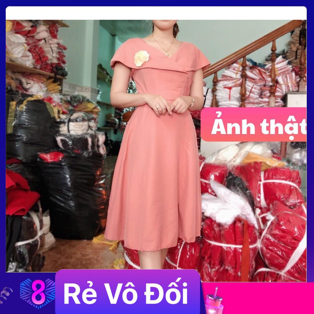 Đầm xòe cổ bèo đính hoa chất kate lụa freesize trắng vàng hồng