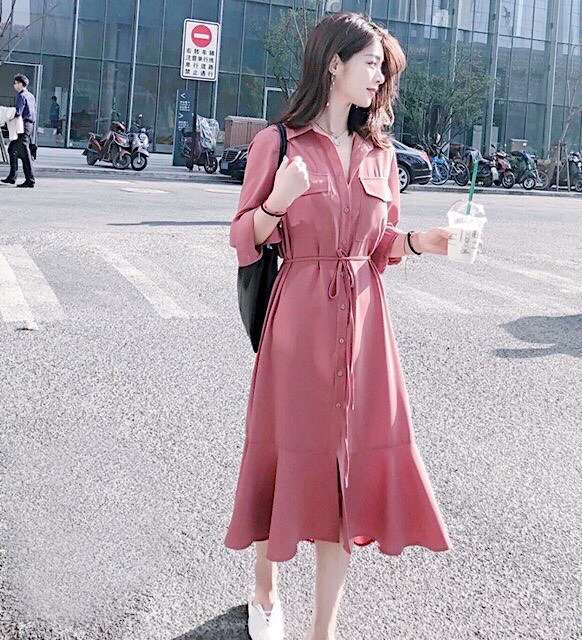 Đầm hồng ruốc túi hộp