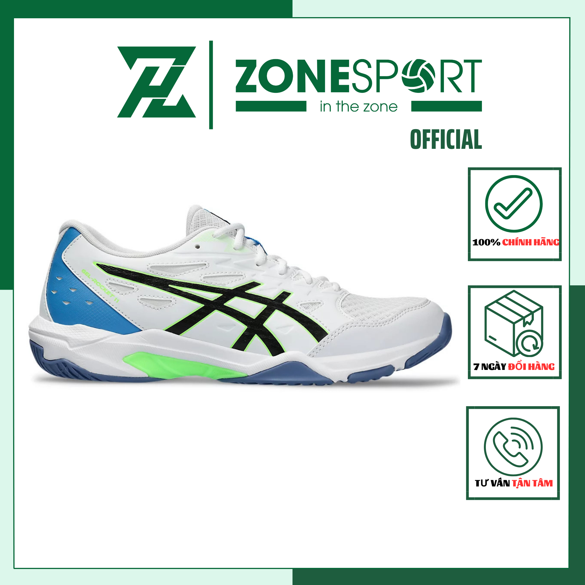 Giày Asics Gel Rocket 11 Trắng Đế Xanh - Giày Bóng Chuyền, Cầu Lông cổ thấp đa năng da tổng hợp lưới