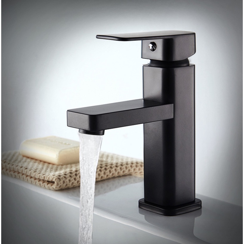 Vòi chậu rửa mặt lavabo vuông nóng lạnh SNL03 màu đen một lỗ kèm đôi dây cấp inox