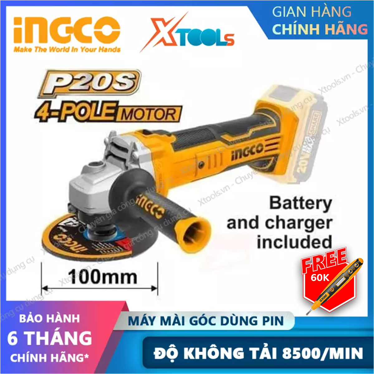 Máy mài góc dùng pin lithium-ion 20v ingco cagli1001 đường kính đĩa mài 100mm, trục chính m10,