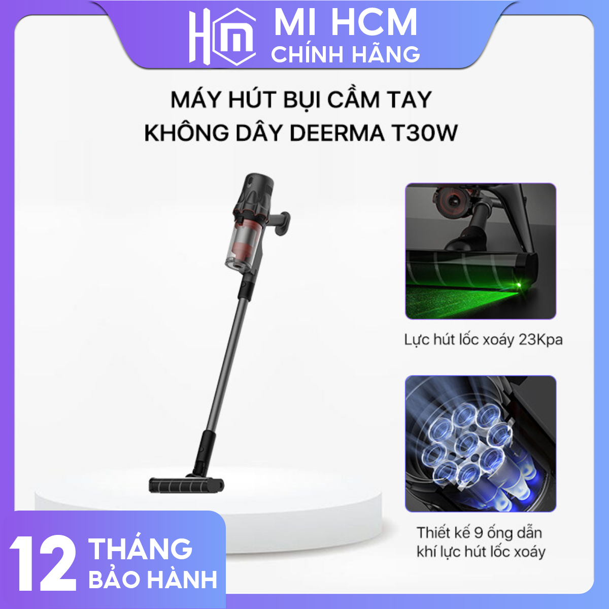 Máy hút bụi không dây Deerma T30W đa năng với lực hút lốc xoáy 23000pa - Bảo hành 12 tháng