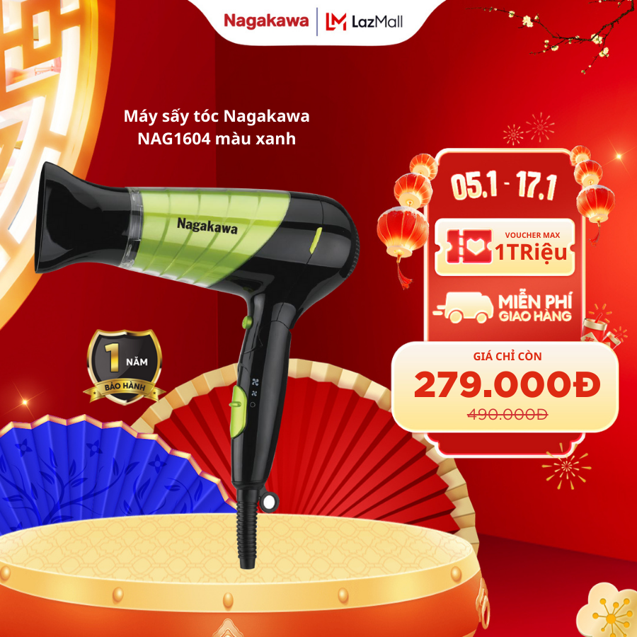Máy sấy tóc Nagakawa NAG1604 màu xanh, công suất 1600W, có 2 mức nhiệt độ, 2 tốc độ và một chế độ làm mát, tay cầm gập được, bảo hành 12 tháng