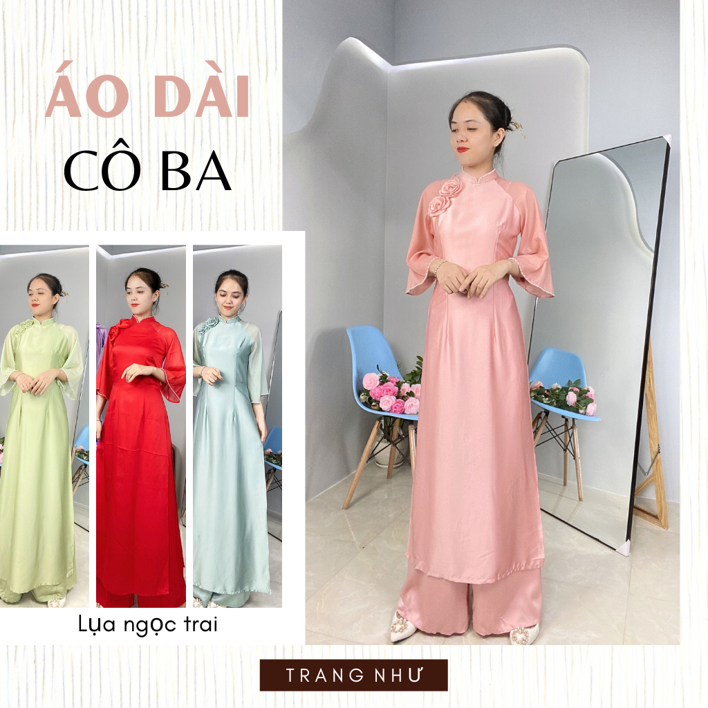 Áo dài cách tân nữ 2 tà Lụa ngọc trai tay lỡ kèm quần cùng màu với áo