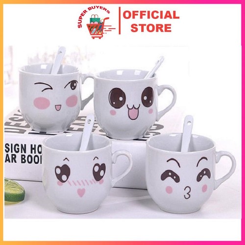 [HCM]Ly Sứ Họa Tiết Emoji Cute Dễ Thương 300 ML Kèm Muỗng