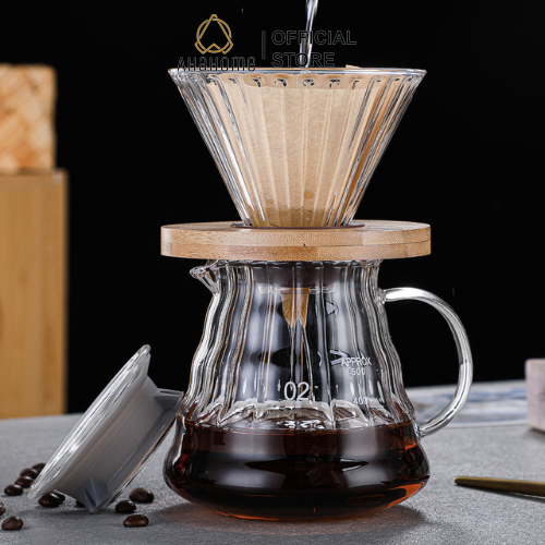 Bộ bình và phễu lọc thuỷ tinh pha cà phê giấy lọc pour over drip brew tròn v60