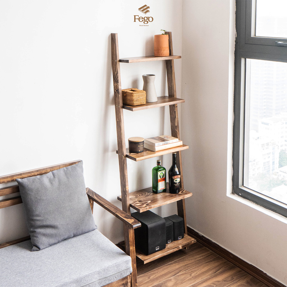 Kệ thang gỗ trang trí phòng/ Giá sách gỗ 5 tầng decor nhà cửa - Nội thất FEGO
