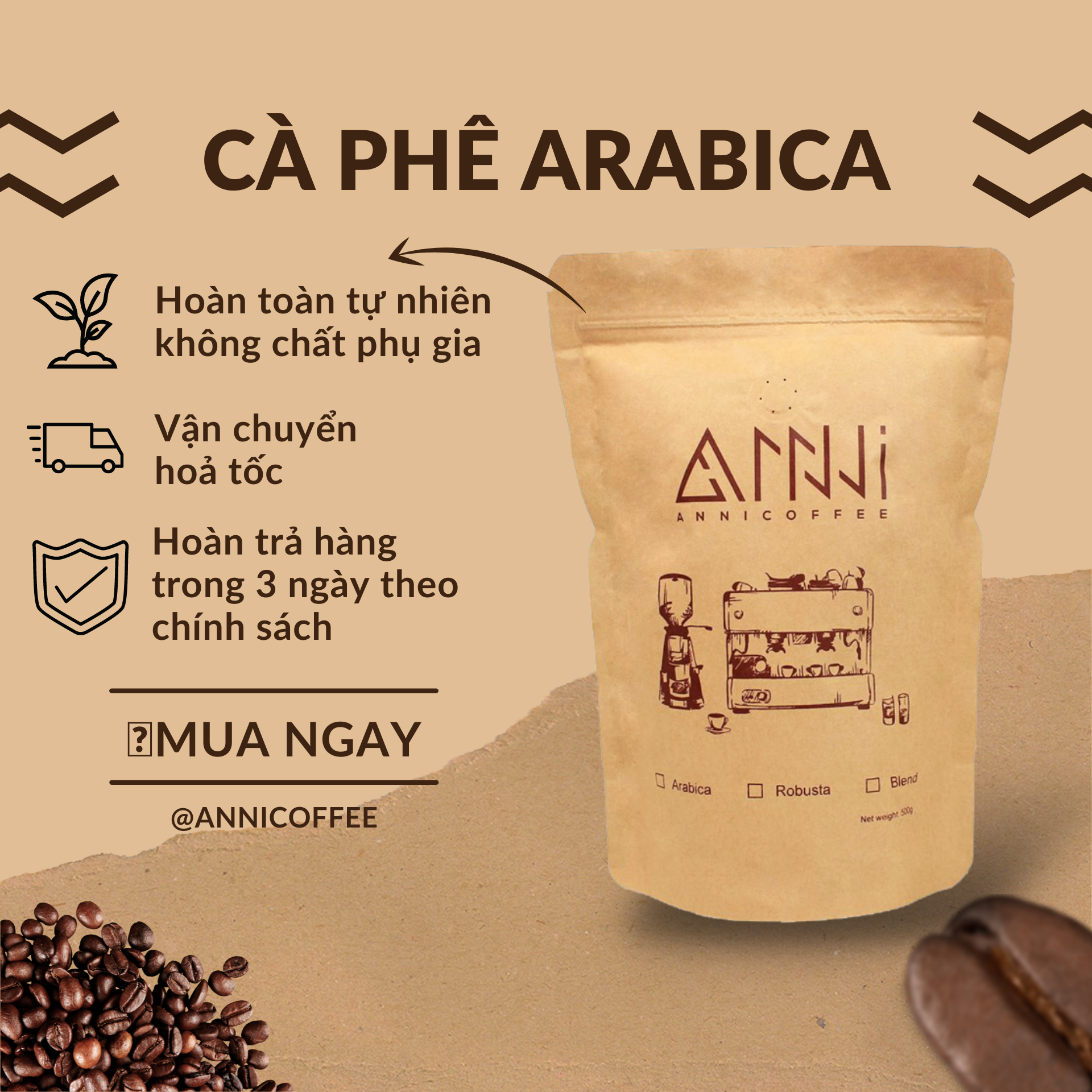 Cà phê Arabica Mộc Cầu Đất - ANNI COFFEE (500gr) cafe đặc biệt nguyên chất 100% Arabica