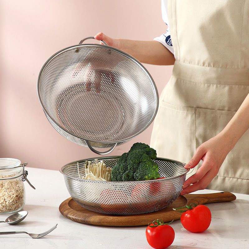 Rổ Thoát Nước Tròn Có Quai, Đế, Chất Liệu Inox 304 Chống Rỉ. Đường Kính 28CM