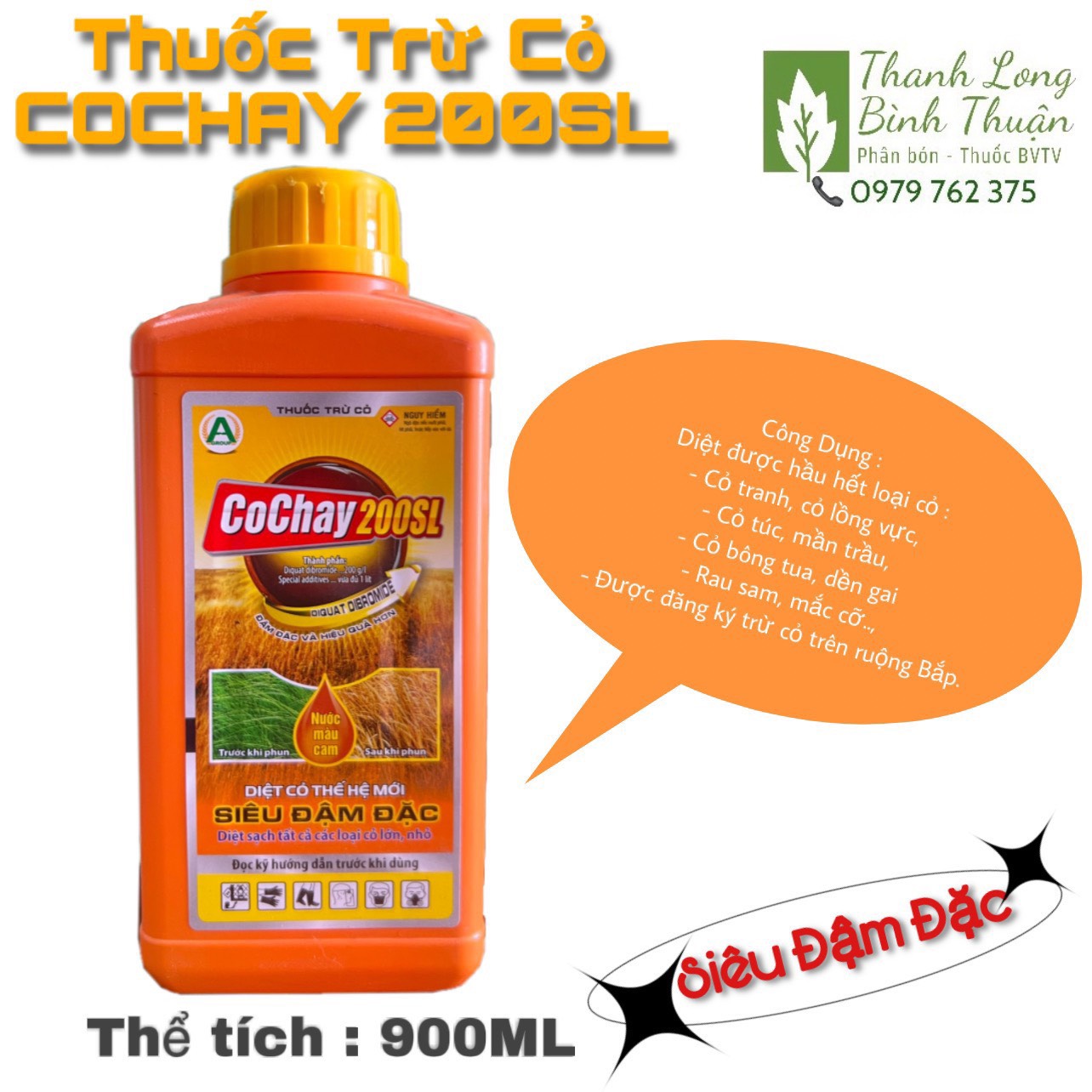 Thuốc trừ cỏ cháy - cochay 200sl - diệt trừ cỏ tận gốc - diệt cỏ thấm qua thân và lá - hợp pháp an toàn - chai 900ml