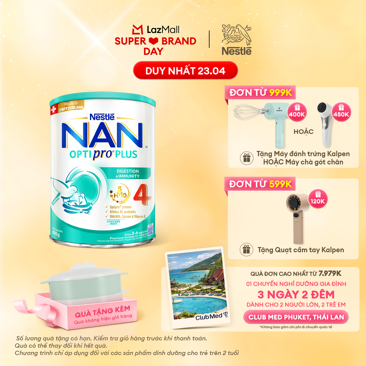 [CHỈ 23.04 QT Đơn 599K/999K] [Tặng Bộ xửng hấp] Bộ 2 Lon Sữa bột Nestlé NAN OPTIPRO PLUS 4 với 5HMO xuất xứ Thụy Sĩ  - Hộp 800g cho bé từ 2 - 6 tuổi - Sữa công thức dinh dưỡng cho trẻ giúp hỗ trợ tiêu hóa, đề kháng, trí não và phát triển toàn diện