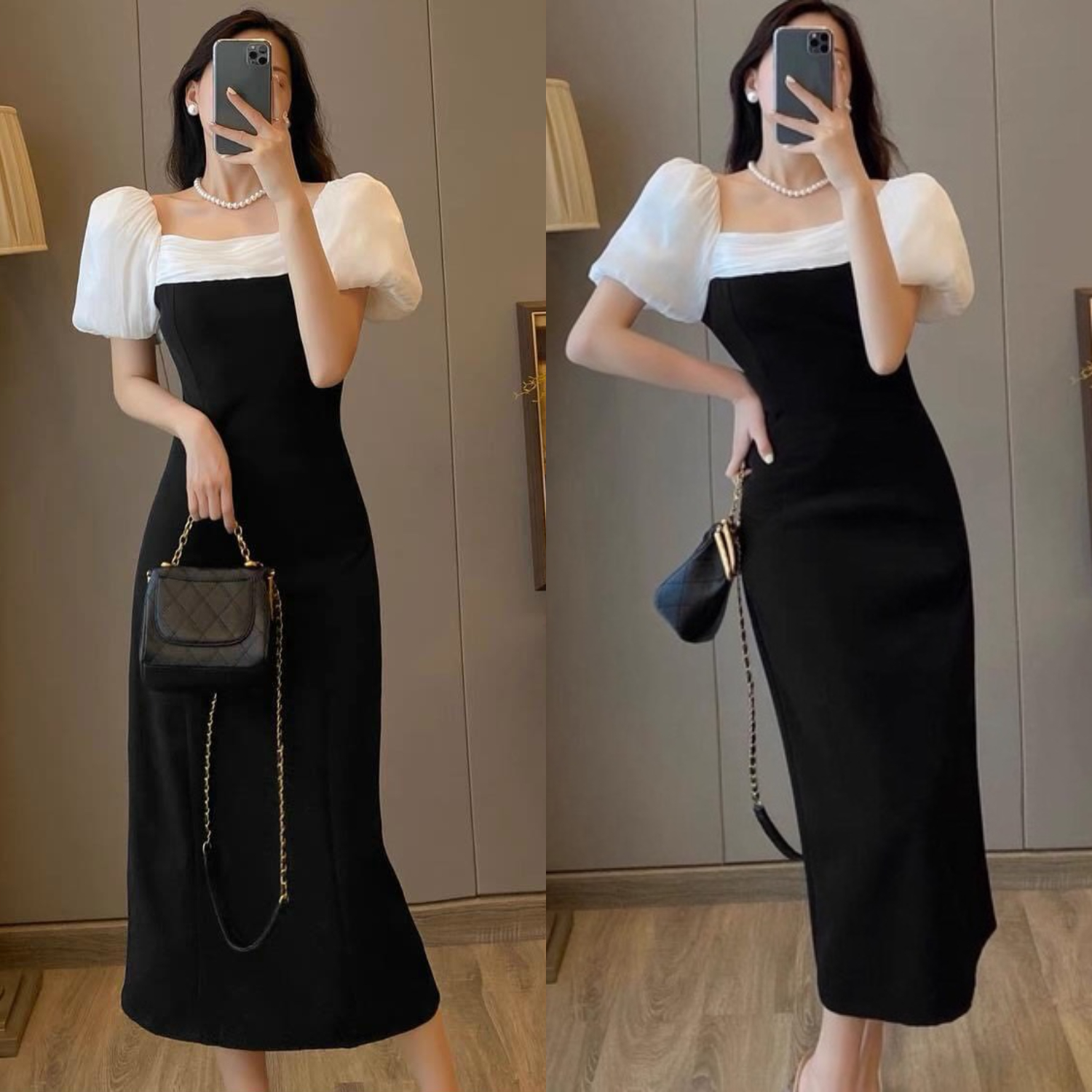 Đầm dự tiệc màu đen thiết kế cổ vuông tay phồng form dài tôn dáng hnk367