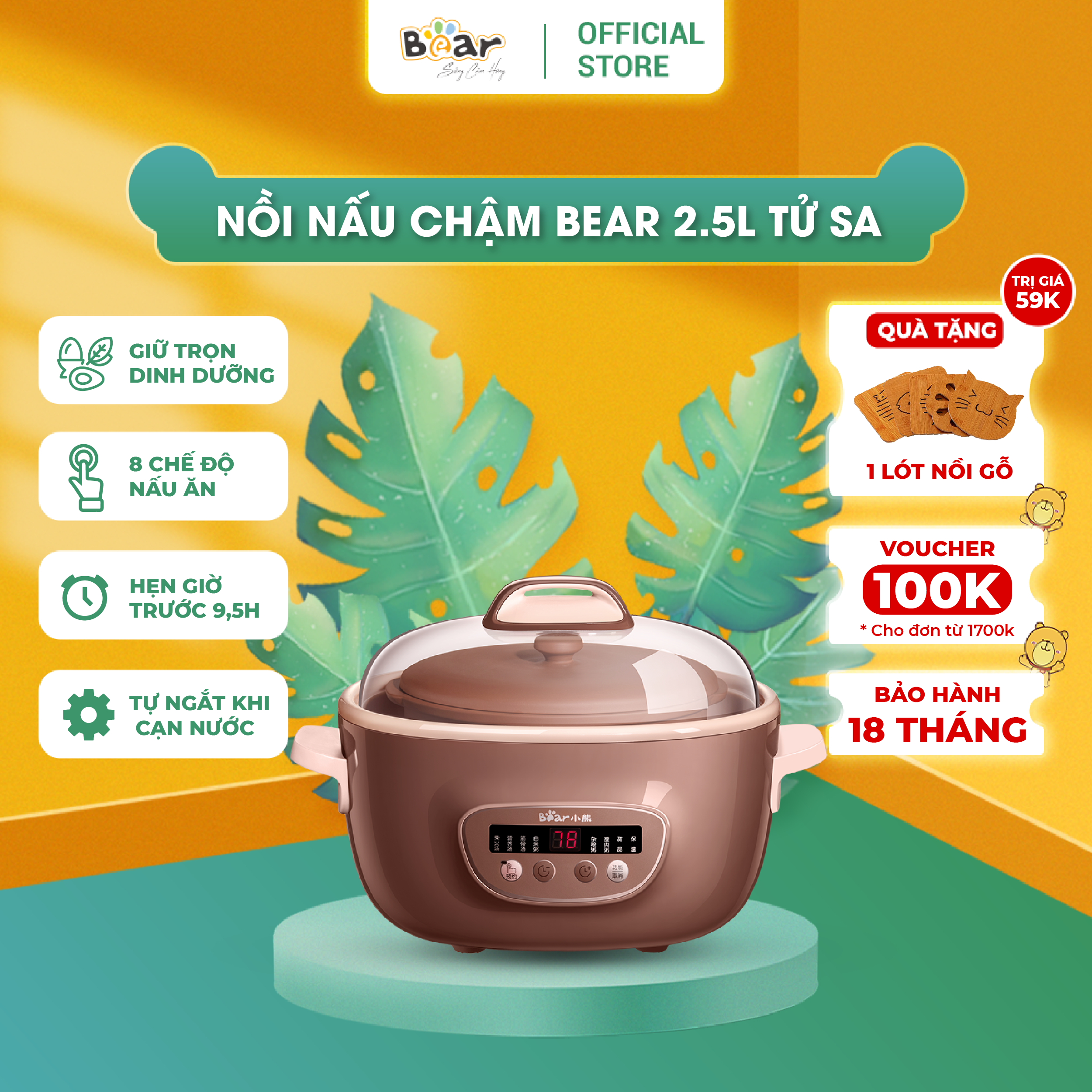 Nồi Nấu Chậm Thố Đất Tử Sa 2,5L Bear C25R6 Chính Hãng Đa Năng Nấu Cháo, Hầm Gà, Chưng Yến Bảo Hành 18 Tháng