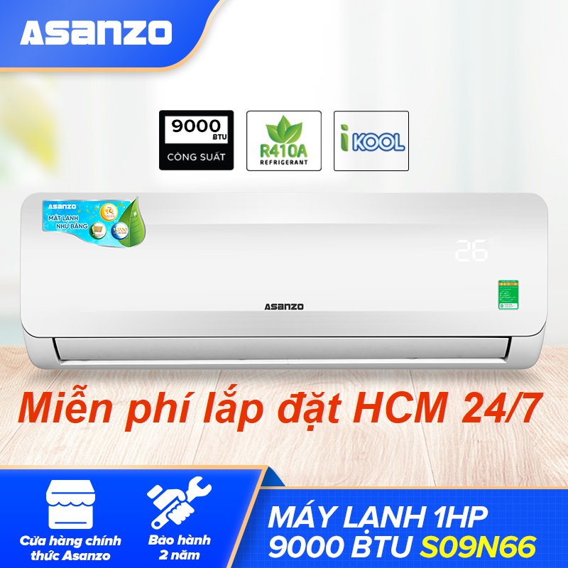 [Trả góp 0%]Máy Lạnh Asanzo S09N66 1HP Free Lắp Đặt HCM (Vỏ Dàn Nóng Chống Gỉ Khử Độc Không Khí Màn Hình LED) - Hàng Phân Phối Chính Hãng Bảo Hành 2 Năm