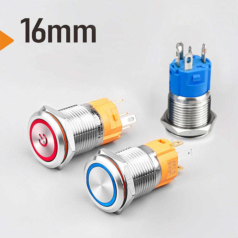Nút nguồn Kim loại Nhấn nhả, Nhấn giữ Led 16mm, Chống nhiệt, Chống thấm nước