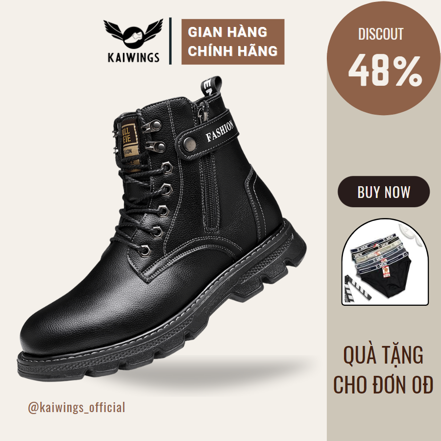 Giày Boot Nam Cổ Cao Da Bò Thật Khóa Kéo Hàn Quốc KAIWINGS Giày Bốt Nam Cao Cấp Mũi Tròn Đẹp GD26